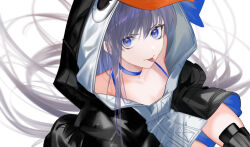  animal_costume animal_hood arlizi bikini black_jacket blue_bikini blue_bow blue_choker blue_eyes bow choker collarbone fate/grand_order fate_(series) feet_out_of_frame female hood hood_up hooded_jacket jacket long_hair long_sleeves looking_at_viewer meltryllis_(fate) meltryllis_(swimsuit_lancer)_(fate) meltryllis_(swimsuit_lancer)_(first_ascension)_(fate) penguin_costume penguin_hood prosthesis prosthetic_leg purple_hair simple_background sleeves_past_wrists solo swimsuit thighs tongue very_long_hair white_background 