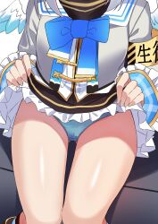  absurdres amane_kanata amane_kanata_(1st_costume) angel_wings blue_panties bow clothes_lift female grey_hair head_out_of_frame highres hololive miniskirt panties sailor_collar sitting skirt skirt_lift solo thighs uekana9 underwear virtual_youtuber wings 