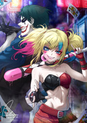  1boy absurdres bare_shoulders baseball_bat belt black_choker black_gloves black_vest blonde_hair blue_eyes blue_hair blue_shirt card choker dasoin eyeshadow female fingerless_gloves gloves grin harley_quinn head_tilt highres holding holding_baseball_bat joker_(dc) joker_(playing_card) looking_at_viewer makeup medium_hair midriff multicolored_hair navel pink_hair playing_card purple_lips red_belt red_gloves shirt smile stomach strapless strapless_shirt suicide_squad_isekai twintails vest 