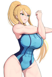  adapted_costume blonde_hair blue_one-piece_swimsuit breasts commentary_request covered_abs covered_navel cowboy_shot cross-body_stretch female floating_hair gonzarez green_eyes hair_between_eyes high_ponytail highleg_one-piece_swimsuit highres large_breasts long_hair looking_to_the_side metroid mole mole_under_mouth narrow_waist one-piece_swimsuit parted_lips samus_aran simple_background solo standing swimsuit toned_female very_long_hair white_background wide_hips zero_suit 