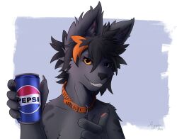  2024 5_fingers anthro art_fight beverage black_hair black_sclera claws collar felid feline fingers fray_(reysi) fur grey_body grey_fur hair heterochromia hi_res hyginx mammal multicolored_hair pawpads pepsi pink_pawpads serval soda solo 