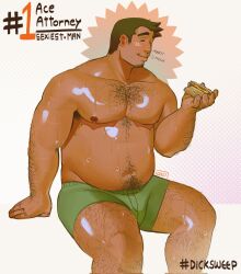  1boy alternate_body_size armpit_hair armpit_hair_peek back_hair bara belly black_hair blush bulge dick_gumshoe eating facial_hair feet_out_of_frame goatee_stubble gyakuten_saiban hairy happy highres kukustar_(kukuu) large_pectorals male_focus mature_male muscular muscular_male navel navel_hair nipples pectorals plump shiny_skin short_hair sitting smile solo sparse_chest_hair stomach stubble sweat tan thick_arm_hair thick_leg_hair thick_navel_hair thick_thighs thighs twitter_poll very_hairy very_sweaty 