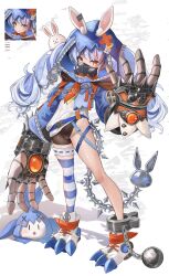  :3 absurdres alternate_costume animal_ear_fluff animal_ears arm_at_side ball_and_chain_restraint belt bike_shorts black_shorts blue_belt blue_hair blue_hood blue_shrug bridal_garter closed_mouth commentary cosplay don-chan_(usada_pekora) ear_tag ears_through_hood english_commentary female full_body gauntlets gigi_murin gigi_murin_(cosplay) hair_through_hood hand_up highres hololive hololive_english hood hood_up hooded_shrug long_hair long_sleeves looking_at_viewer maison_de_cante mechanical_tail multicolored_hair open_hands orange_eyes parted_lips paw_shoes pekomon_(usada_pekora) rabbit-shaped_pupils rabbit_ears rabbit_girl respirator shadow shirt short_eyebrows shorts shrug_(clothing) single_thighhigh smile spikes standing streaked_hair striped_clothes striped_thighhighs symbol-shaped_pupils tail thick_eyebrows thighhighs twintails two-tone_hair usada_pekora virtual_youtuber white_hair white_shirt zipper zipper_pull_tab |_| 