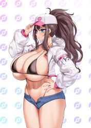  absurdres alternate_breast_size baseball_cap bikini black_bikini blue_eyes blue_shorts blush breasts brown_hair cleavage cowboy_shot cropped_jacket curvy denim denim_shorts female hat high_ponytail highleg highleg_bikini highres hilda_(pokemon) huge_breasts jacket jingb_dx long_hair long_sleeves micro_bikini micro_shorts navel open_clothes open_fly pokemon pokemon_bw shorts sidelocks skindentation solo standing stomach swimsuit thick_thighs thighs white_jacket 