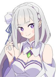  bare_shoulders blunt_bangs blush_stickers braid breasts clothing_cutout crown_braid emilia_(re:zero) female flower grey_hair hair_flower hair_ornament hand_up highres large_breasts long_hair long_sleeves looking_at_viewer noyama_takenoko pointy_ears purple_hair re:zero_kara_hajimeru_isekai_seikatsu shoulder_cutout simple_background smile solo upper_body white_background wide_sleeves 