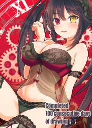  bare_shoulders black_hair bra breasts cleavage clock_eyes date_a_live female gears hairband heterochromia highres lace-trimmed_bra lace-trimmed_panties lace_trim large_breasts lolita_hairband long_hair looking_at_viewer navel open_mouth panties paw_pose red_eyes smile solo symbol-shaped_pupils tokisaki_kurumi twintails underwear usuba_kagerou_(shougyouchu) yellow_eyes 