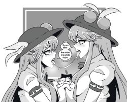  2girls 4chan archived_source blush collared_shirt commentary drawfag english_commentary english_text greyscale hat highres hinanawi_tenshi holding_hands interlocked_fingers leaf_hat_ornament long_hair looking_at_another medium_bangs meme monochrome multiple_girls now_neither_of_us_will_be_virgins_(meme) open_mouth peach_hat_ornament profile puffy_short_sleeves puffy_sleeves saliva saliva_trail selfcest shirt short_sleeves tongue tongue_out touhou upper_body very_long_hair yuri 