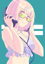  absurdres aqua_background bikini blonde_hair breasts cleavage closed_mouth commentary crack cracked_glass female glasses green-tinted_eyewear gridman_universe hands_up headphones highres hirayama_kanna holding holding_headphones looking_at_viewer medium_breasts pink_eyes red-framed_eyewear semi-rimless_eyewear shinjou_akane short_hair simple_background smile solo ssss.gridman swimsuit tinted_eyewear under-rim_eyewear upper_body 