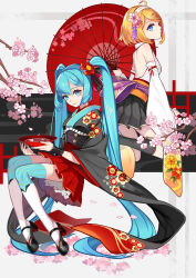  2girls ahoge alcohol aqua_thighhighs back bare_back black_footwear black_hakama black_socks blonde_hair blue_eyes blue_hair breasts camellia cherry_blossoms closed_mouth commentary_request cup detached_sleeves duplicate egasumi eyelashes floral_print flower full_body hair_flower hair_ornament hair_ribbon hairclip hakama hakama_short_skirt hakama_skirt halterneck hatsune_miku high_heels highres holding holding_umbrella invisible_chair japanese_clothes kagamine_rin kanzashi kimono kiradie_(shakamumu) kneehighs lace lace-trimmed_skirt lace_trim long_hair looking_at_viewer medium_breasts miniskirt multiple_girls obi oil-paper_umbrella pantyhose petals photoshop_(medium) pink_flower pleated_skirt plum_blossoms red_eyes red_flower red_hakama red_ribbon ribbon ribbon-trimmed_socks ribbon_trim sakazuki sake sash shade shoes sitting skirt smile socks striped_clothes striped_pantyhose swept_bangs thighhighs twintails umbrella vertical-striped_clothes vertical-striped_pantyhose very_long_hair vocaloid white_socks wide_sleeves wristband 