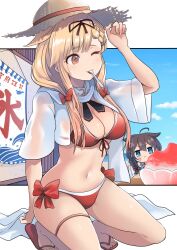  2girls absurdres ahoge alternate_color alternate_hairstyle anger_vein beach bikini blonde_hair blue_bikini blue_eyes blue_sky braid breasts brown_hair cleavage commentary_request cosplay dyson_(edaokunnsaikouya) food fruit hair_flaps hair_ornament hairclip hat highres jealous kantai_collection large_breasts long_hair low_twintails multiple_girls navel ocean official_alternate_costume one_eye_closed pout red_bikini red_eyes revision sandals scarf shigure_(kancolle) shigure_(kancolle)_(cosplay) shigure_kai_san_(kancolle) shigure_kai_san_(kancolle)_(cosplay) shigure_kai_san_(swimsuit)_(kancolle) single_braid sky squatting straw_hat swimsuit twintails utensil_in_mouth watermelon watermelon_slice white_scarf yuudachi_(kancolle) yuudachi_kai_ni_(kancolle) 