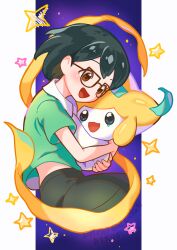  1boy :d affectionate arutarika_(ri_kaoekaki) brown-framed_eyewear brown_eyes commentary_request from_side glasses green_shirt happy highres holding holding_pokemon jirachi male_focus max_(pokemon) open_mouth pokemon pokemon:_jirachi:_wish_maker pokemon_(anime) pokemon_(creature) pokemon_rse_(anime) shirt short_hair short_sleeves shorts smile star_(symbol) 