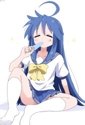  absurdres ahoge blue_hair blue_sailor_collar blue_skirt blush bow closed_eyes commentary cynical_(llcbluckg_c004) eating female food green_eyes hair_between_eyes highres holding holding_food holding_popsicle izumi_konata kneehighs long_hair lucky_star mole mole_under_eye panties pantyshot popsicle ryouou_school_uniform sailor_collar school_uniform serafuku short_sleeves simple_background skirt socks solo summer_uniform symbol-only_commentary underwear very_long_hair white_background white_panties white_socks 