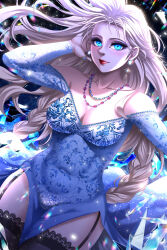  absurdres black_thighhighs blonde_hair blue_dress blue_eyes braid breasts cleavage commentary covered_navel dress earrings elsa_(frozen) english_commentary female frozen_(disney) garter_straps highres ice jewelry lace-trimmed_legwear lace_trim long_hair low_twin_braids medium_breasts necklace off-shoulder_dress off_shoulder red_lips roland-gin smile solo thighhighs twin_braids very_long_hair 