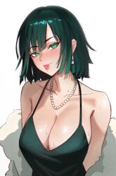  bare_shoulders blush breasts cleavage coat collarbone dress earrings female fubuki_(one-punch_man) fur_coat green_dress green_eyes green_hair hair_between_eyes highres jewelry kuroyara large_breasts looking_at_viewer necklace one-punch_man pearl_necklace saliva_drip short_hair simple_background smile solo sweat tongue tongue_out upper_body white_background 