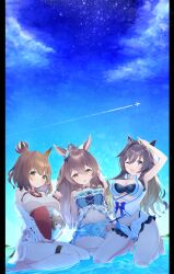  3girls :d ;d aircraft airplane animal_ears aston_machan_(umamusume) ball beachball bikini bikini_under_clothes black_bikini blue_bikini blue_eyes blue_sky blush braid breasts brown_eyes brown_hair cleavage closed_mouth cloud commentary_request contrail crown day green_eyes hair_between_eyes hand_on_own_chest hands_up highres horse_ears horse_girl horse_tail kneeling medium_breasts mejiro_bright_(umamusume) mini_crown multicolored_hair multiple_girls navel one_eye_closed open_clothes open_fly open_shorts outdoors roido_(taniko-t-1218) shallow_water short_shorts shorts sitting sky smile streaked_hair swimsuit tail twitter_username umamusume vivlos_(umamusume) wariza water white_bikini white_hair white_shorts 