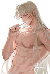  1boy abs adam&#039;s_apple bare_arms bare_shoulders brushing_teeth collarbone crescent crescent_facial_mark facial_mark fingernails highres holding inuyasha long_hair looking_at_viewer male_focus mmmilk navel nipples parted_bangs parted_lips pectorals pointy_ears sesshoumaru signature simple_background solo upper_body white_background white_hair yellow_eyes 