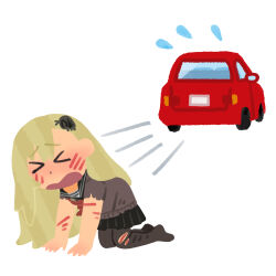  &gt;_&lt; all_fours asymmetrical_bangs bad_id bad_twitter_id black_pantyhose black_sailor_collar black_skirt blonde_hair blush brown_sweater car car_crash female fleeing flying_sweatdrops highres inactive_account injury insect_hair_ornament irasutoya long_hair matangom matangomu-chan motion_lines motor_vehicle neckerchief no_shoes open_mouth original pantyhose parody patterned_hair pillbug pleated_skirt red_neckerchief sailor_collar school_uniform scratches serafuku short_sleeves simple_background skirt solo style_parody sweater torn_clothes unmoving_pattern white_background 