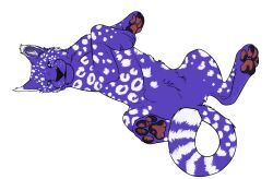  absurd_res ambiguous_gender black_nose blue_eyes cheek_tuft facial_tuft featureless_crotch felid female_(lore) feral fur glistening glistening_eyes hi_res lying mammal markings mouth_closed on_back outline pawpads purple_body purple_fur purple_theme red_pawpads solo spots spotted_markings spotted_tail spread_legs spreading striped_markings striped_tail stripes tail tail_markings tuft unbreakable-warrior white_outline white_spots 