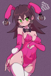  absurdres animal_ears bare_shoulders blush breasts breath bridal_gauntlets brown_hair buzzlyears covered_navel cowboy_shot fake_animal_ears fake_tail faux_traditional_media female green_eyes highleg highleg_leotard highres leotard long_hair medium_breasts mega_man_(series) mega_man_legends_(series) pink_bridal_gauntlets pink_leotard playboy_bunny rabbit_ears rabbit_tail ringed_eyes skindentation solo strapless strapless_leotard tail tears thighhighs tron_bonne_(mega_man) white_thighhighs 