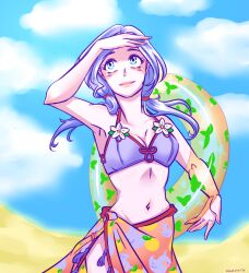  arm_up beach bikini breasts cleavage cloud cloudy_sky dated day female flower_bra holding holding_swim_ring kawakona looking_afar navel original outdoors print_sarong purple_bikini purple_hair sarong sky solo standing swim_ring swimsuit twintails 