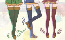  3girls blue_footwear blue_thighhighs boots catria_(fire_emblem) commentary dress eifilet est_(fire_emblem) fire_emblem fire_emblem:_mystery_of_the_emblem fire_emblem:_new_mystery_of_the_emblem fire_emblem:_shadow_dragon fire_emblem:_shadow_dragon_and_the_blade_of_light fire_emblem_echoes:_shadows_of_valentia green_footwear green_thighhighs leg_up multiple_girls out_of_frame palla_(fire_emblem) red_footwear red_thighhighs skirt symbol-only_commentary thighhighs thighs zettai_ryouiki 