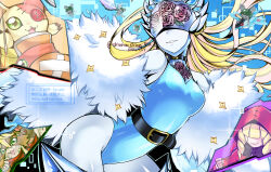  2girls absurdres aqua_leotard bare_shoulders belt bird black_background black_choker blonde_hair blue_background breasts button_eyes buttons cendrillmon chaperomon choker coat colored_skin covered_eyes covered_nipples cowboy_shot digimon digimon_(creature) digimon_liberator evolutionary_line extra_eyes floral_print fur_coat green_eyes hair_over_eyes helmet helmet_over_eyes highres long_hair medium_breasts medium_hair mouse_(animal) multiple_girls one_eye_covered parted_lips print_headwear print_leotard red_hood revision rose_print shingetsu_(doru0222) shoemon shoes shoeshoemon single_shoe smile star_(symbol) stitched_face stitches stuffed_animal stuffed_toy white_skin 