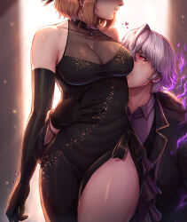  1boy absurdres artist_name aura black_dress black_gloves breasts couple dress earrings evening_gown evomanaphy feathers female fire_emblem fire_emblem_awakening fire_emblem_heroes gloves grima_(fire_emblem) hand_on_another&#039;s_shoulder heart highres jewelry kiran_(female)_(fire_emblem) kiran_(fire_emblem) large_breasts looking_at_another necklace necktie red_eyes robin_(fire_emblem) robin_(male)_(fire_emblem) short_hair slit_pupils smile thick_thighs thighs torso_grab tuxedo white_hair 