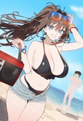  1boy aozaki_aoko bare_shoulders beach bikini black_bikini blue_eyes blue_shorts blush breasts brown_hair cleavage ebora female grin hair_intakes highres large_breasts long_hair looking_at_viewer mahou_tsukai_no_yoru male_swimwear navel shizuki_soujuurou shore short_hair short_shorts shorts sidelocks smile solo_focus sunglasses swim_trunks swimsuit thighs white_shorts 