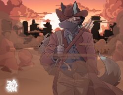  2024 absurd_res anthro arrows backpack bandana black_body black_fur blue_body blue_fur canid canine clothed clothing cowboy_hat desert detailed_background digital_media_(artwork) duster_coat eyewear fox fur goggles grey_body grey_fur hair hat headgear headwear hi_res jomaro_(artist) kerchief male mammal quiver_(object) shai_dreamcast shirt solo standing tail topwear walking wasteland 