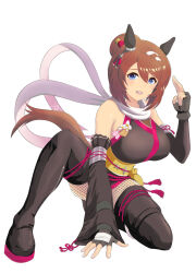  animal_ears black_gloves blue_eyes blush braid breasts brown_hair cleavage commentary_request female fingerless_gloves fishnet_thighhighs fishnets gloves highres horse_ears horse_girl horse_tail japanese_clothes large_breasts looking_at_viewer ninja obi open_mouth piett sash scarf short_hair shuriken_hair_ornament simple_background solo super_creek_(umamusume) tail thighhighs umamusume white_background 