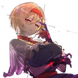  alice_margatroid arm_under_breasts blonde_hair bois_de_justice breasts capelet closed_mouth commentary_request cookie_(touhou) dies_irae dress female frilled_capelet frills glint grey_dress hair_between_eyes hairband hinase_(cookie) jiyu_(jiyusi) large_breasts long_bangs looking_at_viewer red_eyes red_hairband red_sash sash shinza_bansho_series short_hair simple_background smile solo touhou upper_body white_background white_capelet 