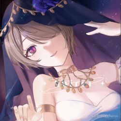  breasts brown_hair egyptian_clothes female fingernails grin hair_over_one_eye honkai_(series) honkai_impact_3rd jewelry looking_at_viewer medium_breasts mole mole_under_eye necklace purple_eyes rita_rossweisse sappheiros smile solo strapless teeth tube_top upper_body veil white_tube_top 