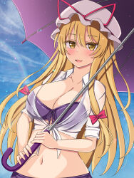  bikini blonde_hair blush bow breasts cleavage commentary_request female hairbow hat highres holding holding_umbrella large_breasts long_hair looking_at_viewer mob_cap navel open_mouth purple_bikini red_bow rimasu71 short_sleeves solo sweatdrop swimsuit touhou touhou_lostword umbrella upper_body white_hat yakumo_yukari yakumo_yukari_(boundary_of_sand_and_sea) yellow_eyes 