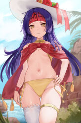  armband bikini commission commissioner_upload female fire_emblem fire_emblem:_radiant_dawn flat_chest flower haru_(nakajou-28) hat headband hibiscus highres kneehighs long_hair looking_down navel non-web_source purple_hair red_flower sanaki_kirsch_altina side-tie_bikini_bottom smile socks solo stomach swimsuit tassel very_long_hair yellow_eyes 