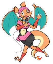  2019 aimbot-jones anthro belly blue_wings charizard clothed clothing cuffs_(clothing) dragon electronics female generation_1_pokemon headgear headwear hi_res holding_microphone holding_object juri_(yu_yu_hakusho) leggings legwear looking_at_viewer microphone microphone_wire midriff mythological_creature mythological_scalie mythology navel nintendo open_mouth orange_body orange_skin pokemon pokemon_(species) running scalie simple_background solo suit tail valentina_(aimbot-jones) white_background wings yellow_belly 