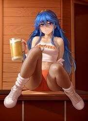  alcohol alternate_costume bare_legs beer beer_mug blue_eyes blue_hair blush breasts commission cup female fire_emblem fire_emblem_awakening full_body holding holding_cup hooters kairunoburogu legs long_hair looking_at_viewer lucina_(fire_emblem) medium_breasts micro_shorts mug orange_shorts pantyhose shirt shorts sitting sleeveless sleeveless_shirt socks solo very_long_hair waitress white_footwear white_shirt white_socks 