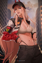  artist_name baseball_cap black_hat black_panties black_pants blonde_hair breasts building chainsaw_man city cleavage cloud commentary cowboy_shot cropped_jacket cross-shaped_pupils demon_horns english_commentary evening female ferrari hair_between_eyes hat highres horns inhoso instagram_logo jacket large_breasts lips logo long_bangs long_hair long_sleeves looking_to_the_side midriff multicolored_clothes multicolored_jacket navel open_clothes open_jacket outdoors panties pants panty_straps parted_lips patreon_logo power_(chainsaw_man) red_horns shell_(company) solo sports_bra standing string_panties symbol-shaped_pupils teeth twitter_logo underwear v-shaped_eyebrows very_long_hair white_sports_bra yellow_eyes 