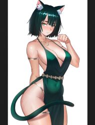  absurdres animal_ears armlet bare_shoulders blush breasts cat_ears cat_girl cat_tail cleavage collarbone covered_navel dress fangs female fubuki_(one-punch_man) green_dress green_eyes green_hair hand_up highres jewelry kuroyara large_breasts looking_at_viewer necklace one-punch_man paw_pose pelvic_curtain plunging_neckline short_hair simple_background skin_fangs smile solo sweat tail thighlet thighs white_background 