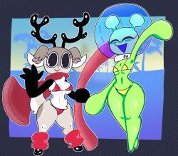  2_antennae 4_fingers :&gt; alien alien_humanoid antennae_(anatomy) anthro antlers aqualateons astronaut_helmet bikini black_antlers black_arms black_eyes black_nose blush breast_tuft breasts closed_eyes clothing countershade_torso countershading crotch_tuft duo eyelashes female female_anthro female_humanoid fingers flat_chested fur glistening_antennae glistening_thighs green_antennae green_blush green_body green_skin grey_body grey_ears grey_fur grey_tail happy holding_object holding_pool_noodle horn humanoid lunabella_(mschaox) medium_breasts mschaox6 navel open_mouth open_smile palm_tree plant pool_noodle purple_mouth raised_arm red_bikini red_clothing red_swimwear smile standing swimwear tail thick_thighs tree tuft two-piece_swimsuit white_body white_countershading white_inner_ear white_tuft wide_hipped_anthro wide_hipped_female wide_hipped_humanoid wide_hips yellow_bikini yellow_clothing yellow_swimwear 