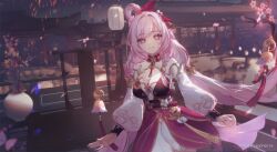  architecture bare_shoulders bell braid breasts cleavage dress east_asian_architecture elysia_(herrscher_of_human:_ego)_(honkai_impact) elysia_(honkai_impact) elysia_(peachy_spring)_(honkai_impact) female flower hair_bell hair_flower hair_ornament highres honkai_(series) honkai_impact_3rd large_breasts long_hair long_sleeves looking_at_viewer miyoushe_watermark pink_eyes pink_hair puffy_long_sleeves puffy_sleeves red_dress sappheiros single_braid smile solo upper_body very_long_hair 