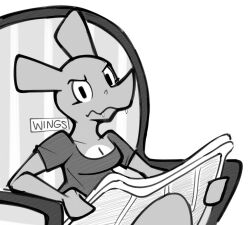  2018 aimbot-jones angry anthro black_and_white breasts chair charizard cleavage clothed clothing dragon female furniture generation_1_pokemon greyscale holding_newspaper holding_object looking_at_viewer monochrome mythological_creature mythological_scalie mythology newspaper nintendo pokemon pokemon_(species) scalie shirt simple_background sitting solo topwear valentina_(aimbot-jones) white_background 