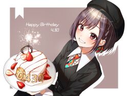  alternate_costume beret birthday_cake blush braid breasts cake cherry collared_shirt female food fruit grin happy_birthday hat highres jewelry long_sleeves looking_at_viewer n_6m necktie official_alternate_costume project_sekai shinonome_ena shirt short_hair smile solo strawberry upper_body white_shirt 