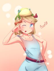  \n/ arm_up armpits artist_name belt blonde_hair blue_dress blue_eyes blush bow bracelet character_request closed_mouth collarbone commentary copyright_request dress english_commentary female flat_chest frog_hat gradient_background green_hat hair_ornament hairbow hairclip hand_on_own_hip happy hat heart heart_bracelet jewelry looking_at_viewer one_eye_closed orange_background red_bow short_hair signature sleeveless sleeveless_dress smile solo spindle_(aidenr0) standing swept_bangs tongue tongue_out upper_body v-shaped_eyebrows 