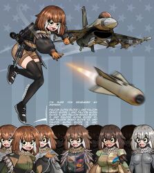  6+girls :d absurdres aircraft airplane american_flag belt black_belt black_footwear black_jacket black_thighhighs breasts brown_hair brown_jacket brown_shorts commentary english_commentary english_text f-16_fighting_falcon feather_hair_ornament feathers fighter_jet full_body green_jacket grey_background grey_hair grey_jacket hair_ornament hand_up hands_up highres israel_defense_forces jacket jet large_breasts leg_up long_sleeves looking_at_viewer medium_breasts military_vehicle missile motion_blur multicolored_clothes multicolored_jacket multiple_girls original pandramodo personification puffy_long_sleeves puffy_sleeves red_star roundel short_hair short_sleeves shorts siblings sisters smile solo standing standing_on_one_leg star_(symbol) teeth thighhighs throwing twitter_username united_states_air_force upper_body upper_teeth_only v-shaped_eyebrows vehicle_and_personification venezuelan_air_force yellow_eyes 