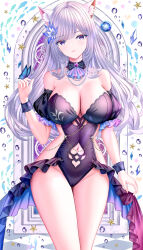  absurdres animal_ear_fluff animal_ears bare_shoulders black_one-piece_swimsuit breasts brooch bug butterfly butterfly_on_hand cat_ears cleavage clothing_cutout cowboy_shot detached_sleeves female flower frilled_sleeves frills grey_hair hair_flower hair_ornament highres jewelry large_breasts long_hair looking_at_viewer navel navel_cutout necklace one-piece_swimsuit original parted_lips puffy_short_sleeves puffy_sleeves purple_eyes short_sleeves smile solo strapless strapless_one-piece_swimsuit swimsuit tina_(tinafya) very_long_hair water_drop white_flower wrist_cuffs 