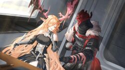  1boy absurdres animal_ears antlers arknights armor blonde_hair breasts closed_eyes deer_antlers deer_ears deer_girl female flying_sweatdrops gauntlets gloves highres holding holding_quill horns long_hair mask open_mouth quill shedding sitting tola_(arknights) unitaka very_long_hair viviana_(arknights) 