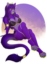  absurd_res anthro canid canine canis chaiteakitten clothing felid female fur gold_(metal) gold_jewelry hi_res hollow_hip_backless_chain_dress horn iris_grim jewelry lingerie lycafel mammal prehistoric_species purple_body purple_fur saber-toothed_tiger solo wolf 