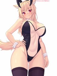  animal_ears ass_visible_through_thighs bare_hips bare_shoulders black_thighhighs blonde_hair blush breasts cat_ears cat_tail cleavage closed_mouth covered_navel cowboy_shot fake_animal_ears female from_below highleg highleg_leotard highres large_breasts leotard long_hair meme_attire nontraditional_playboy_bunny nottytiffy original playboy_bunny rabbit_ears red_eyes simple_background smile solo tail thighhighs thighs tiffy_(nottytiffy) translucent_bunnysuit white_background wrist_cuffs 