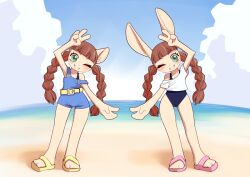  animal_humanoid anthro beach belt belt_buckle bemani brown_hair buckle clothing cloud duo felid felid_humanoid feline feline_humanoid female flip_flops gesture hair hand_gesture happy humanoid konami lagomorph lagomorph_humanoid looking_at_viewer mammal mammal_humanoid mimi_(pop&#039;n_music) nyami_(pop&#039;n_music) one_eye_closed overalls partners pop&#039;n_music pose sandals shirt smile smiling_at_viewer swimwear tailless topwear twintails_(hairstyle) unousaya v_sign wink winking_at_viewer 