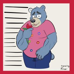  1:1 2023 anthro bear beargarbage black_claws black_eyewear black_glasses blue_body blue_bottomwear blue_clothing blue_ears blue_fur blue_pants blue_tail border bottomwear brown_body brown_fur claws clothing digital_media_(artwork) eyewear flower fur glasses green_clothing green_shirt green_t-shirt green_topwear grey_eyes grey_nose half-closed_eyes hi_res holding_flower holding_object holding_rose looking_at_viewer male mammal mismatched_ears multicolored_body multicolored_clothing multicolored_fur multicolored_shirt multicolored_t-shirt multicolored_topwear narrowed_eyes orange_clothing orange_shirt orange_t-shirt orange_topwear pants pink_clothing pink_shirt pink_t-shirt pink_topwear plant purple_clothing purple_shirt purple_t-shirt purple_topwear red_border red_clothing red_shirt red_t-shirt red_topwear ring rose_(flower) russell_sotelo shirt short_tail solo standing t-shirt tail tan_ears teeth tongue topwear two_tone_body two_tone_fur ursine yellow_clothing yellow_shirt yellow_t-shirt yellow_topwear 